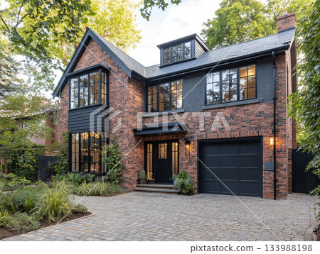 A modern luxury house featuring dark red brick, black-framed windows, a slate roof, and a large integrated garage, surrounded by lush mature trees and a paved driveway. 133988198