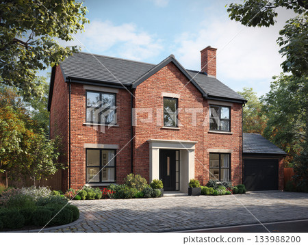 A modern luxury house featuring dark red brick, black-framed windows, a slate roof, and a large integrated garage, surrounded by lush mature trees and a paved driveway. 133988200