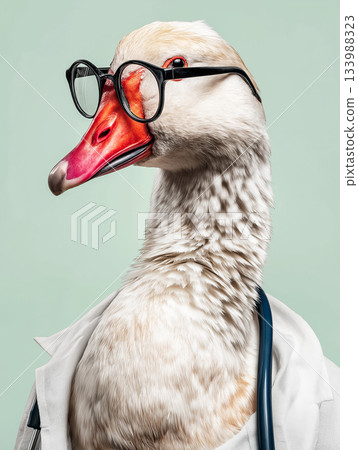 Duck wearing glasses works as a doctor at a clinic. Stethoscope and lab coat emphasize a medical theme. 133988323