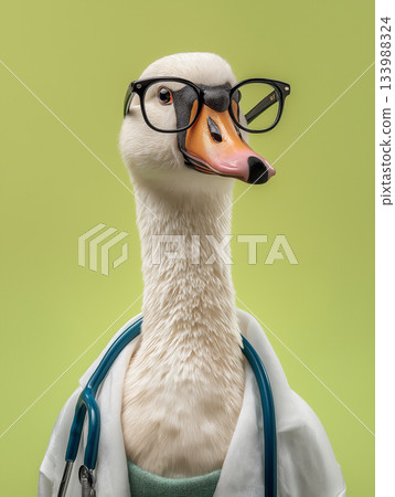 Duck wearing a doctor coat with glasses in a clinic. The scene is playful and professional. 133988324