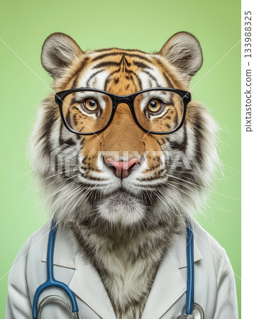 Tiger wearing glasses and lab coat stands against a green background. The tiger wears a stethoscope and exudes a friendly doctor theme. Tiger wearing glasses and lab coat stands against a green background. The tiger wears a stethoscope and exudes a friendly doctor theme. 133988325