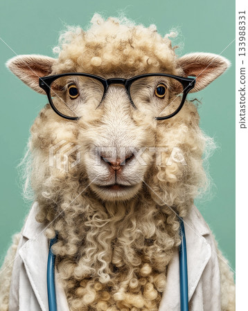 A sheep wears glasses in a laboratory. Playful veterinary scientist with a stethoscope and lab coat looks ready to diagnose. 133988331