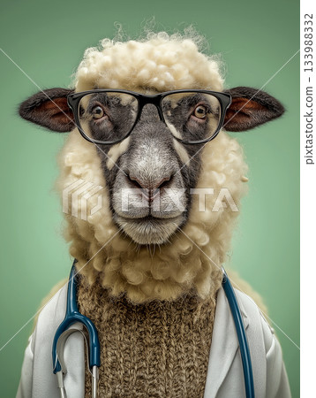 Sheep wearing glasses stands against a green background. Stethoscope and white coat emphasize a veterinary doctor theme. Sheep wearing glasses stands against a green background. Stethoscope and white coat emphasize a veterinary doctor theme. 133988332
