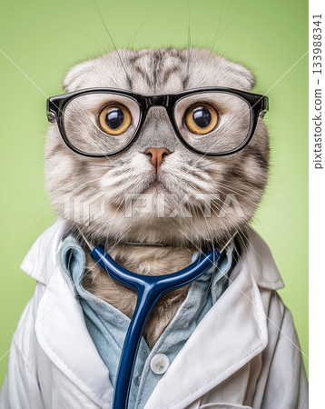 Cat doctor wearing glasses examines a patient in the veterinary clinic. Stethoscope and lab coat create a playful medical mood on a green background. Cat doctor wearing glasses examines a patient in the veterinary clinic. Stethoscope and lab coat create a playful medical mood on a green background. 133988341