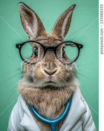 Rabbit wearing glasses stands in a veterinary clinic. Lab coat and stethoscope emphasize clinical veterinary role. Rabbit wearing glasses stands in a veterinary clinic. Lab coat and stethoscope emphasize clinical veterinary role. 133988350