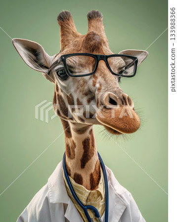 Giraffe wearing glasses stands in a veterinary clinic. Stethoscope and white coat convey a playful medical scene. Giraffe wearing glasses stands in a veterinary clinic. Stethoscope and white coat convey a playful medical scene. 133988366