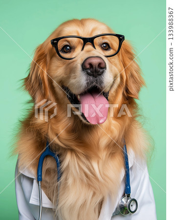 Golden retriever wearing glasses in a white lab coat at a photography studio. This friendly veterinarian dog is ready for a checkup. Golden retriever wearing glasses in a white lab coat at a photography studio. This friendly veterinarian dog is ready for a checkup. 133988367