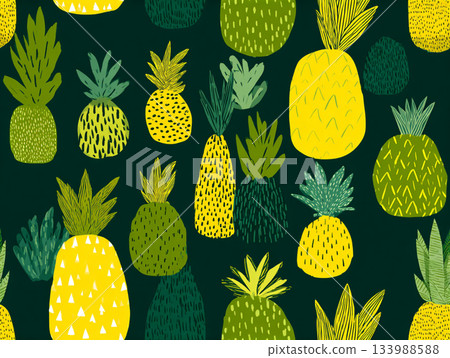 A cheerful, vibrant seamless pattern featuring stylized yellow pineapples, green tropical leaves (like monstera), and abstract geometric/dotted shapes on a light background. A cheerful, vibrant seamless pattern featuring stylized yellow pineapples, green tropical leaves (like monstera), and abstract geometric/dotted shapes on a light background. 133988588