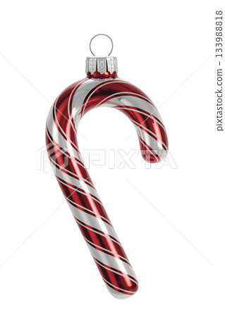 Shiny red and silver striped candy cane christmas ornament with glossy finish, isolated on transparent background for holiday designs 133988818