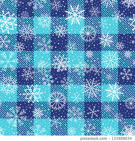 Blue buffalo check vector seamless pattern with snowflakes, Plaid background for holiday graphic design 133989034