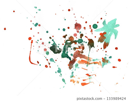 Watercolor Splatter Art Expressive Teal and Rust Hues on White Paper. Creative Abstract Design 133989424