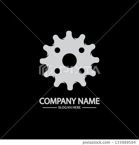 Gear vector logo isolated on a black background. Icon silhouette design template. Simple symbol concept in flat style. Abstract sign pictogram for web mobile and infographics. Gear vector logo isolated on a black background. Icon silhouette design template. Simple symbol concept in flat style. Abstract sign pictogram for web mobile and infographics. 133989584