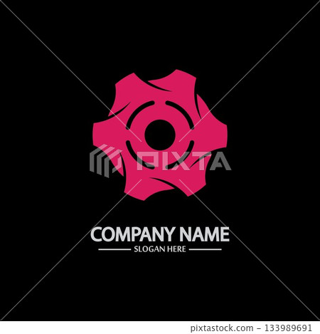 Gear vector logo isolated on a black background. Icon silhouette design template. Simple symbol concept in flat style. Abstract sign pictogram for web mobile and infographics. Gear vector logo isolated on a black background. Icon silhouette design template. Simple symbol concept in flat style. Abstract sign pictogram for web mobile and infographics. 133989691