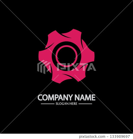 Gear vector logo isolated on a black background. Icon silhouette design template. Simple symbol concept in flat style. Abstract sign pictogram for web mobile and infographics. Gear vector logo isolated on a black background. Icon silhouette design template. Simple symbol concept in flat style. Abstract sign pictogram for web mobile and infographics. 133989697