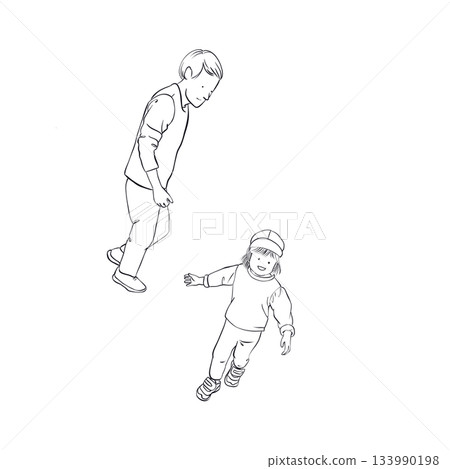 幼兒與父親散步的線條畫 133990198
