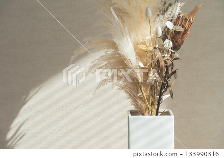 Sunlight and shadows from the blinds and dried flowers 133990316