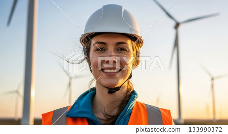 Smiling female engineer wearing white hard hat and orange safety vest standing at wind farm construction site during golden hour sunset 133990372