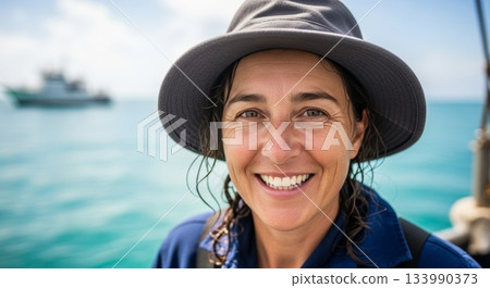 Smiling middle aged caucasian woman wearing gray wide brim hat and blue collared shirt standing on tropical beach pier with turquoise ocean and boat in background during sunny day vacation 133990373