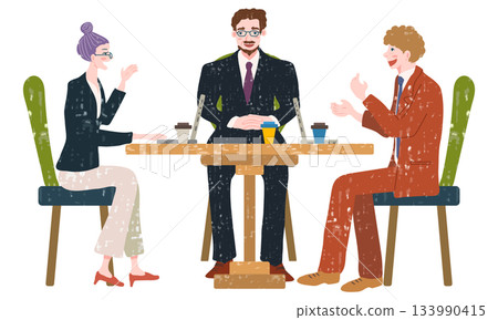 三位男女在咖啡館隨意交談（水彩插圖） 133990415