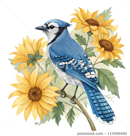 A beautifully detailed blue bird perched on a branch watercolor white background A beautifully detailed blue bird perched on a branch watercolor white background 133990480