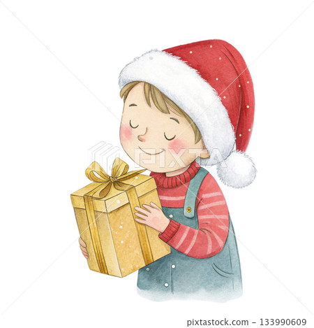A cute boy wearing a Santa hat stands holding a gift box  watercolor white background  133990609