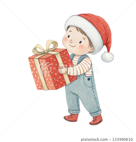 A cute boy wearing a Santa hat stands holding a gift box watercolor white background A cute boy wearing a Santa hat stands holding a gift box watercolor white background 133990610