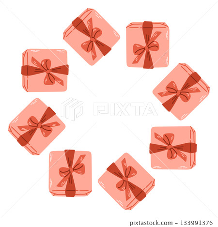 Vector illustration of a circular frame made of pink gift boxes tied with ribbons. A festive Christmas border perfect for holiday cards, labels, packaging, and seasonal graphic design. Vector illustration of a circular frame made of pink gift boxes tied with ribbons. A festive Christmas border perfect for holiday cards, labels, packaging, and seasonal graphic design. 133991376