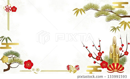 優雅的白色和金色Kadomatsu新年促銷，日式新年壓歲錢背景圖 133991593