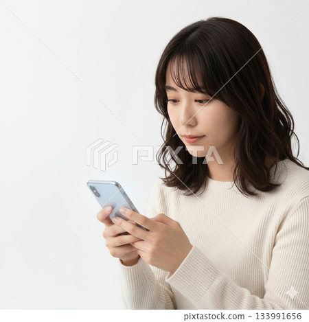 A young woman operating a smartphone on a white background 133991656