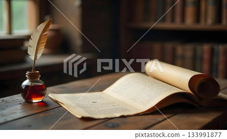 A classic quill and inkwell on a table in front of a bookcase, representing the spirit of World Poetry Day and literary heritage 133991877