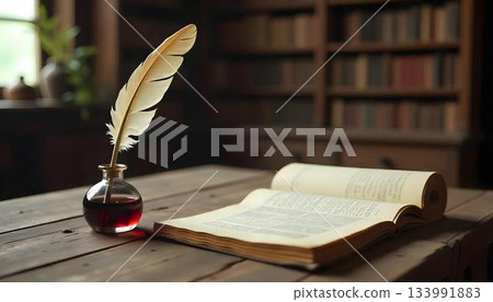 An old quill and inkwell on a table, with a bookcase filled with vintage books in the background, celebrating World Poetry Day 133991883