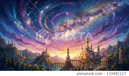遊戲背景：黃昏時分，繁星點點的夜空如萬花筒般絢麗，一座宮殿靜靜佇立。 133992127