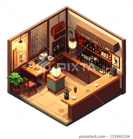 方形居酒屋空間插畫，暖色調室內設計，插畫及圖示素材 133992284