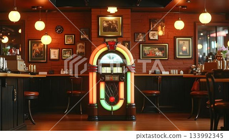A colorful jukebox set against red brick walls in a restaurant, highlighting the spirit of World Music Day A colorful jukebox set against red brick walls in a restaurant, highlighting the spirit of World Music Day 133992345