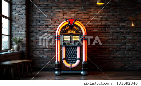 A vibrant jukebox in a restaurant with red brick walls, celebrating World Music Day in a lively atmosphere 133992346