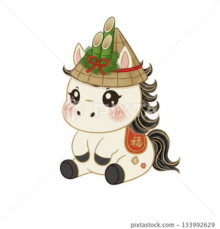 Horse wearing a New Year's Kadomatsu hat 133992629