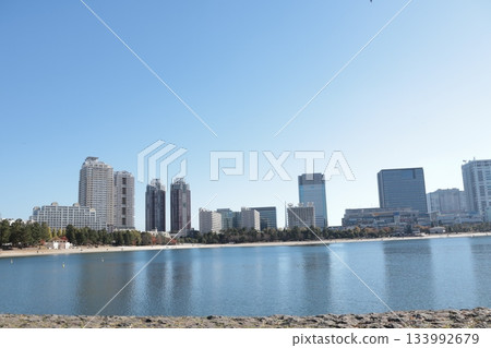 View of the buildings of the waterfront subcenter from Odaiba Seaside Park and Daiba Park (Minato Ward, Tokyo) 133992679