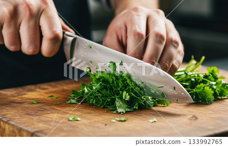 Chopping Fresh Herbs on a Wooden Cutting Board 133992765