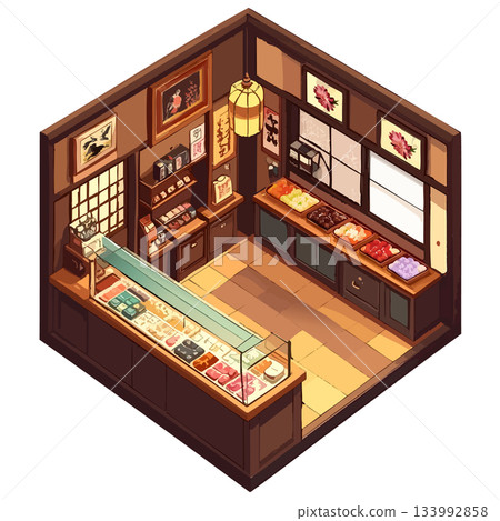 日式復古日式甜點店方形空間、插畫與圖示素材 133992858