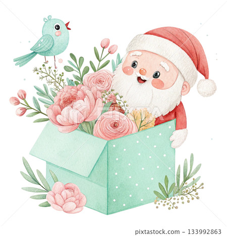 Cute cartoon Santa popping out of a pastel mint gift box Behind the box are soft pastel flowers Cute cartoon Santa popping out of a pastel mint gift box Behind the box are soft pastel flowers 133992863