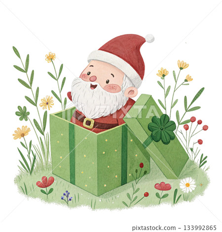 Cute cartoon Santa popping out of a pastel mint gift box Behind the box are soft pastel flowers Cute cartoon Santa popping out of a pastel mint gift box Behind the box are soft pastel flowers 133992865