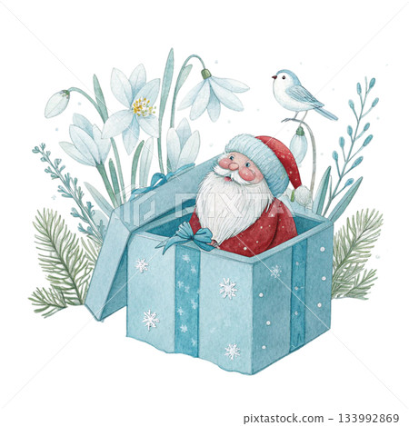 Cute cartoon Santa popping out of a pastel mint gift box Behind the box are soft pastel flowers 133992869