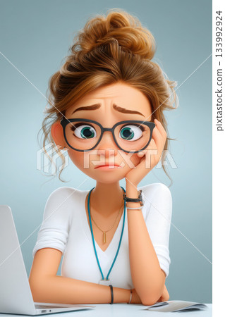 Young woman with glasses looking worried and stressed at laptop 133992924