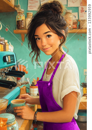 Young woman barista making coffee with espresso machine in cafe 133992959