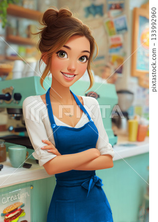 Young woman barista smiling with crossed arms in cafe 133992960