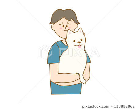 Illustration of a troubled male veterinarian holding a dog 133992962