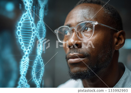 Man with glasses looking glowing DNA strand, thoughtful expression Man with glasses looking glowing DNA strand, thoughtful expression 133992993