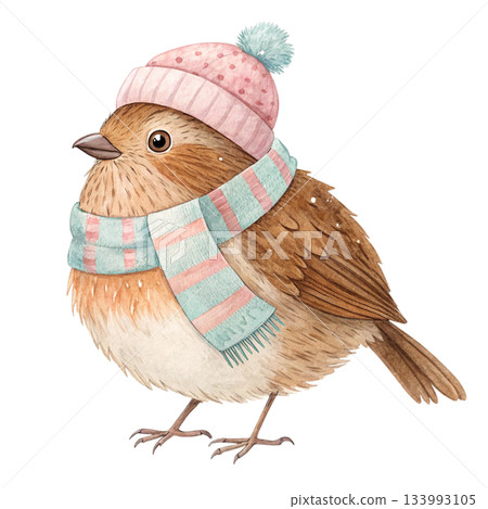 Cute chubby little bird wearing a colorful winter beanie with a fluffy pom pom and a vibrant multicolor scarf Cute chubby little bird wearing a colorful winter beanie with a fluffy pom pom and a vibrant multicolor scarf 133993105