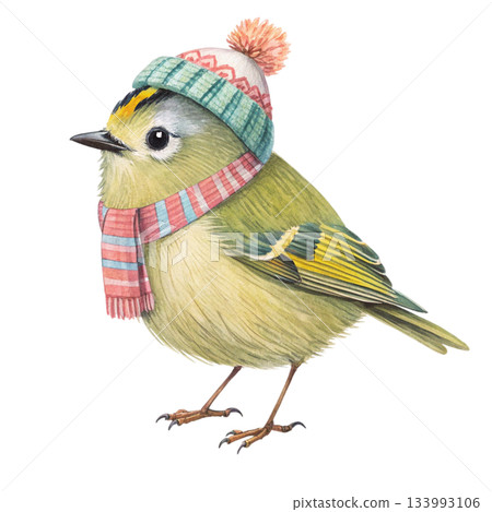 Cute chubby little bird wearing a colorful winter beanie with a fluffy pom pom and a vibrant multicolor scarf 133993106