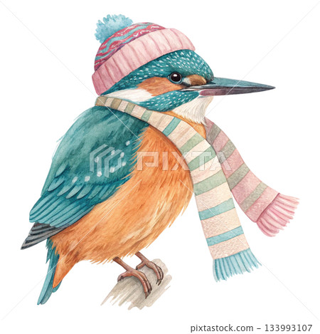 Cute chubby little bird wearing a colorful winter beanie with a fluffy pom pom and a vibrant multicolor scarf Cute chubby little bird wearing a colorful winter beanie with a fluffy pom pom and a vibrant multicolor scarf 133993107